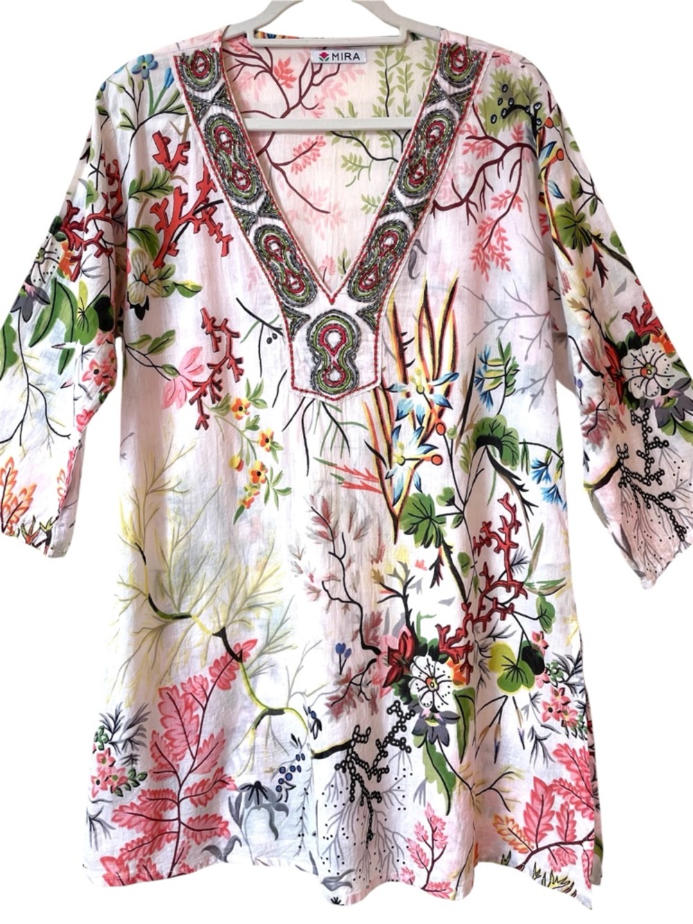 Embroidered Tunic Top Lightweight India Cotton Cover Up Kaftan Nautical Resort